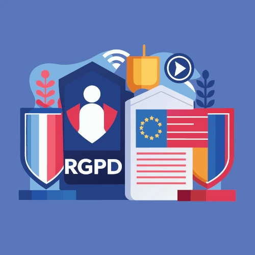 Illustration RGPD avec boucliers et document européen symbolisant la protection des données pour les TPE et artisans