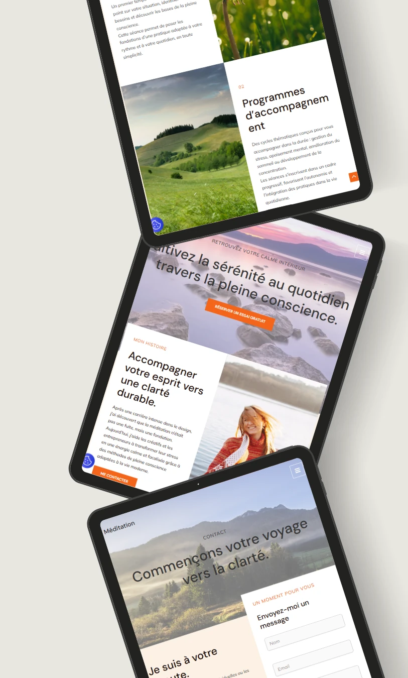 Réalisation d'un site web moderne pour indépendant proche de Lorient. Triple aperçu tablette d'un site WordPress fluide et élégant créé par Numévia.