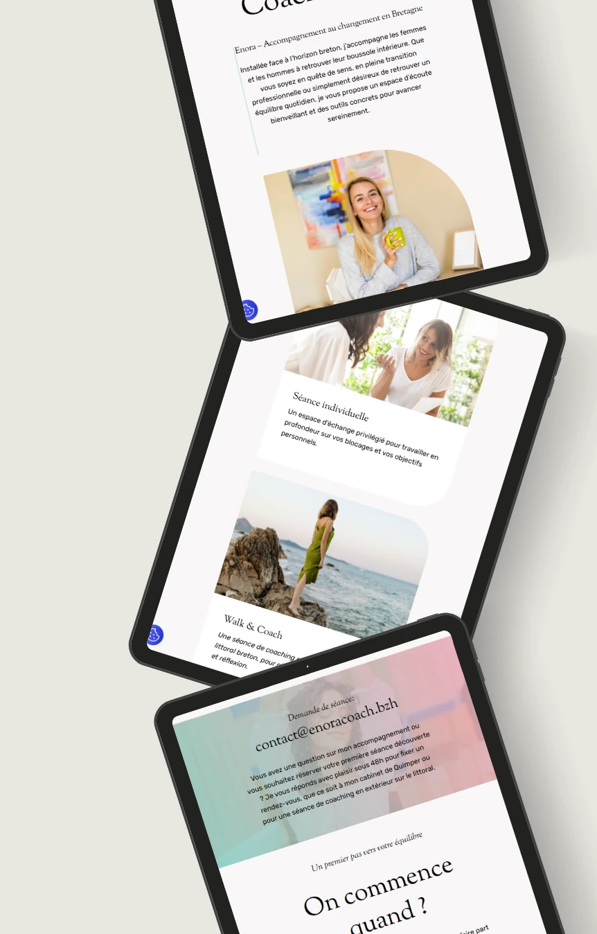 Exemple de création de site internet responsive pour coach, affiché sur trois tablettes numériques. Réalisation webdesign par Numévia en Bretagne Sud.