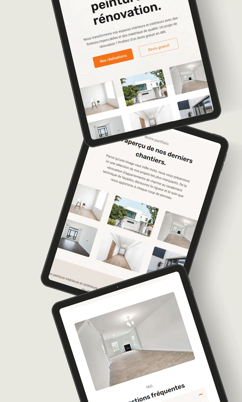 Service de maintenance WordPress à Quimperlé. Triple aperçu sur tablettes de la gestion technique et des mises à jour de sécurité par Numévia.